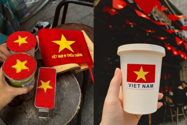 Coffee cup designed with Vietnam flag sticker, or toppings.