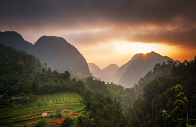 Sunrise on a mountain peak in Pu Luong Nature Reserve